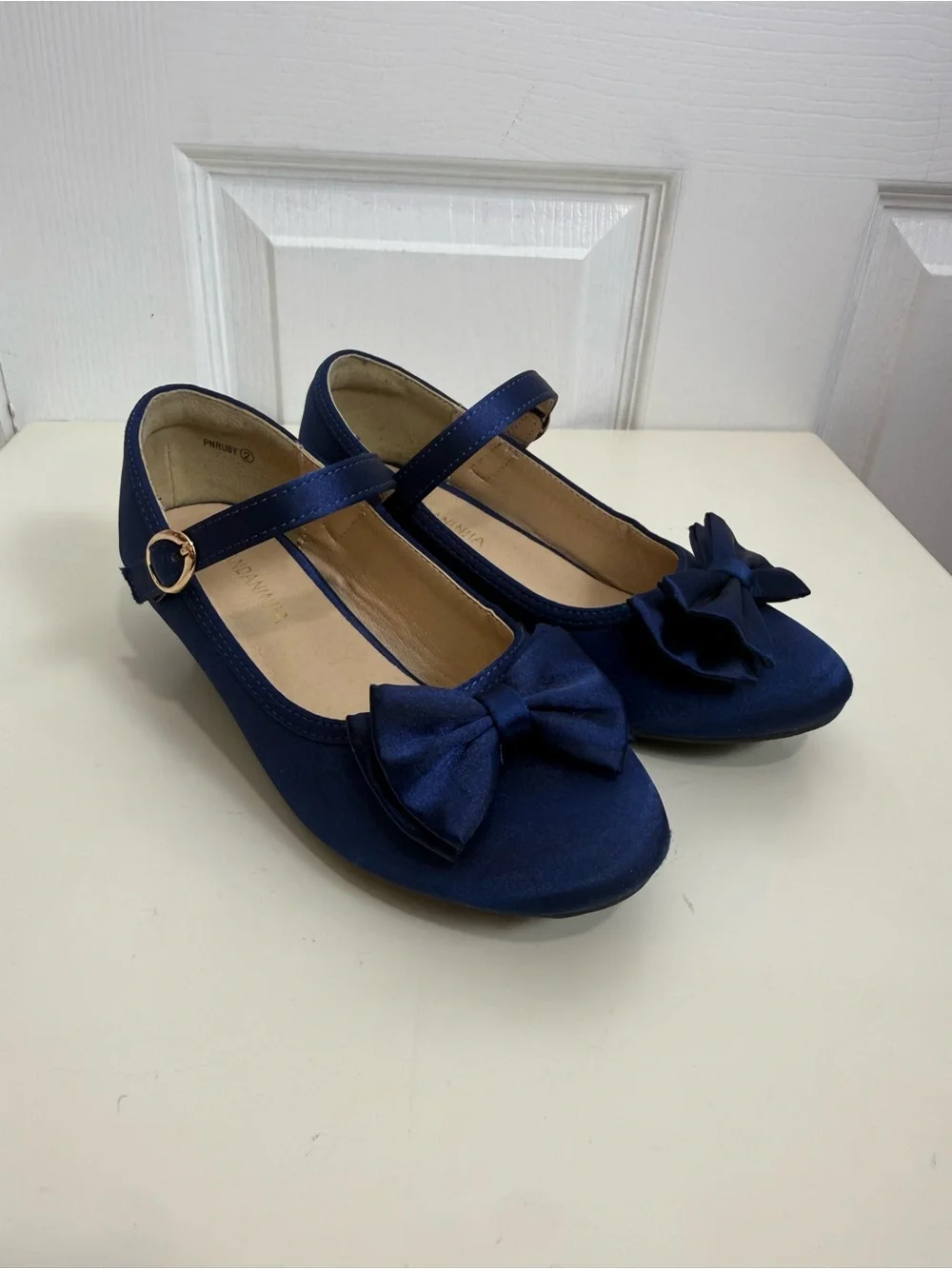 Panda Ninja Girls Navy Blue Satin Bow Mary Jane Dress Shoes Low Heel Size 2